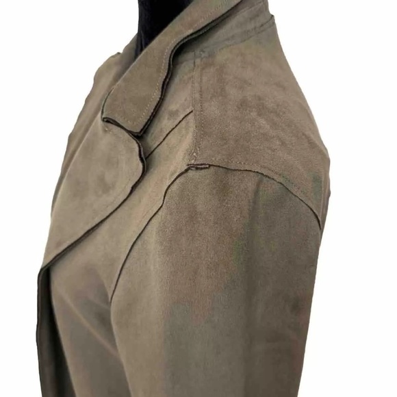 Premise Faux Leather Jacket Sz S Gray Green Open Front Minimalist Long Lines EUC - Picture 8 of 13